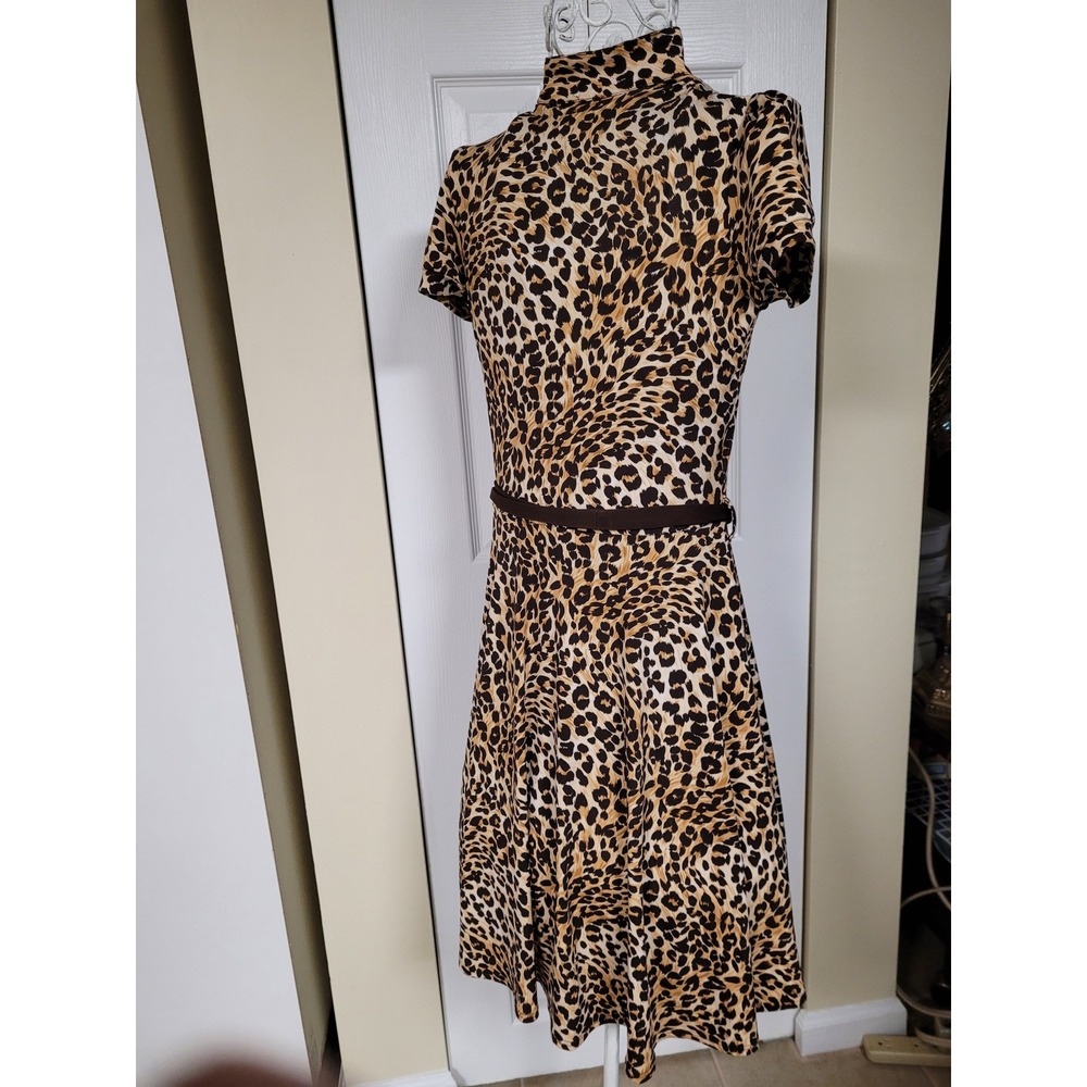 Leopard Print Keyhole Neck Puff Sleeve Belted A-Line Dress BOHO Brown/Tan Size M - Picture 6 of 6
